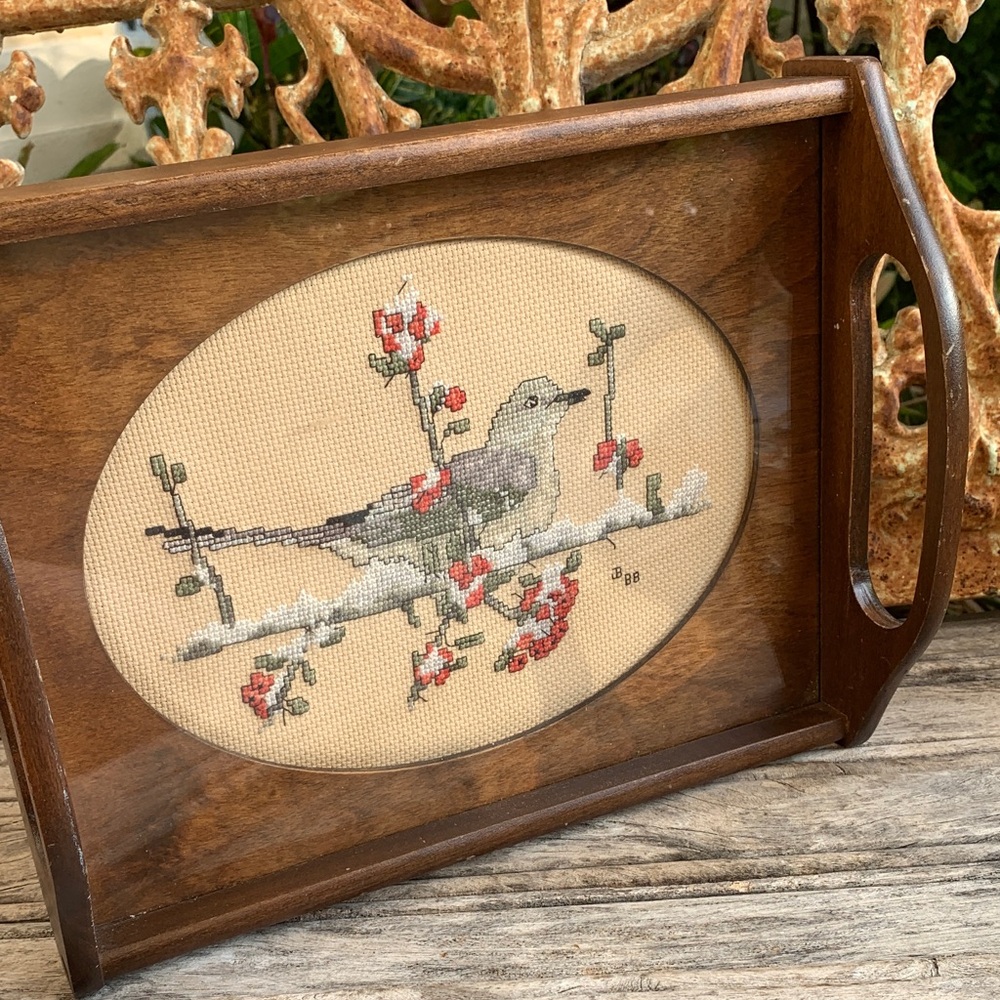 Vintage Glass Framed Dove Cross-Stitch Wooden Tray - Picture 10 of 11